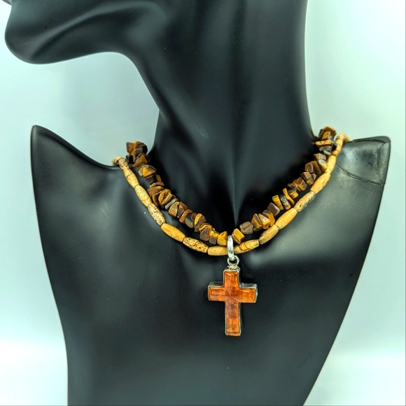 Amber Cross Sterling Silver On Tiger's Eye Chips & Jasper Bead Necklace Vintage - Picture 2 of 15